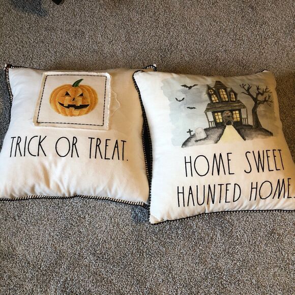 Rae Dunn HALLOWEEN Pillows Set 2 Trick Or Treat Home Sweet Haunted Home 16 x 16 - Picture 1 of 5